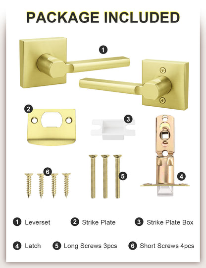 Brushed gold passage door lever set with handles, latch, screws, and instructions
