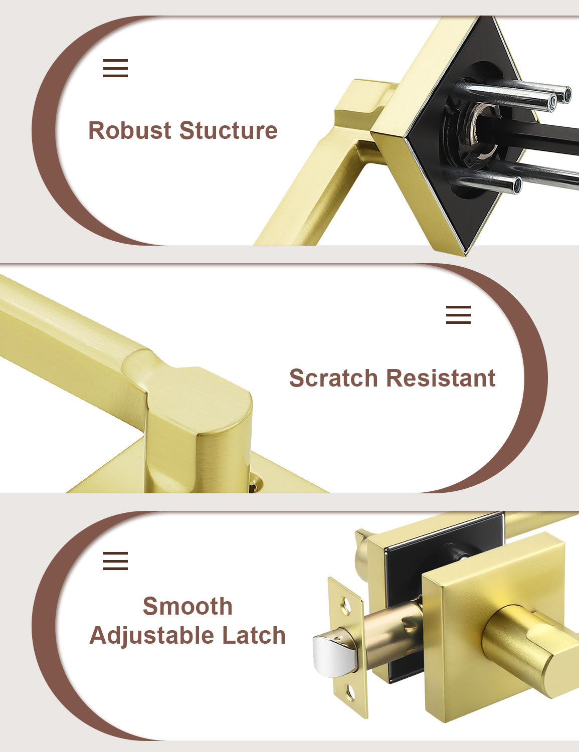 Heavy-duty brushed gold passage door handle with solid metal construction