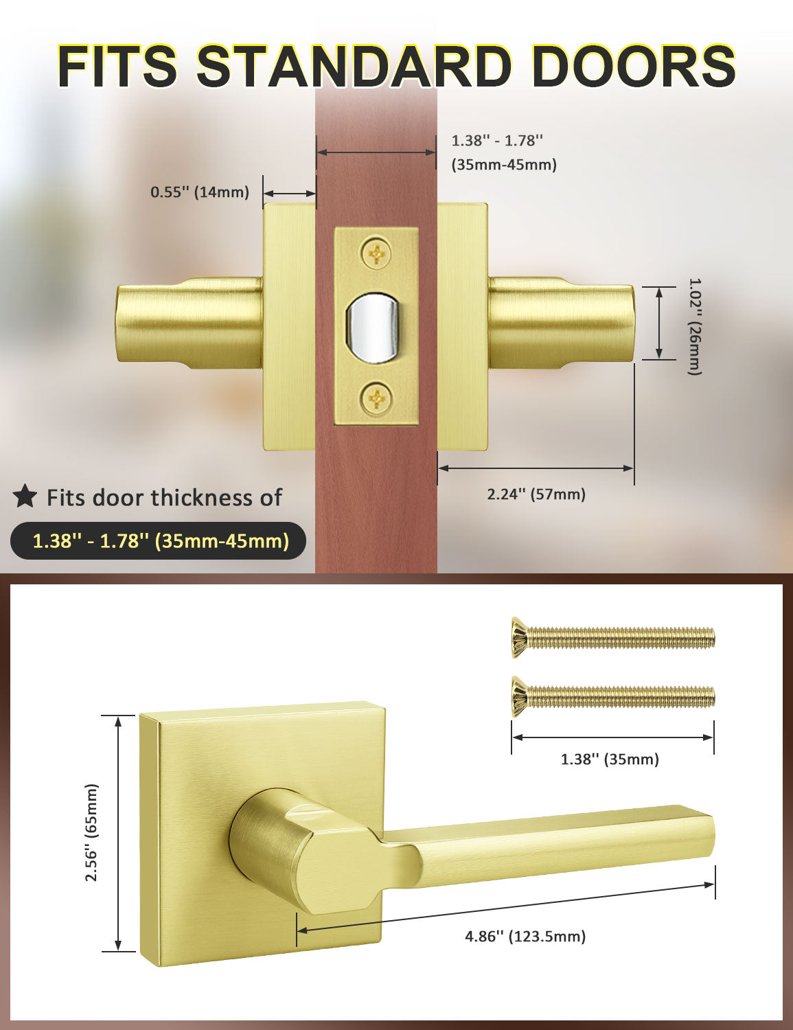 Square passage door lever fits standard US interior doors