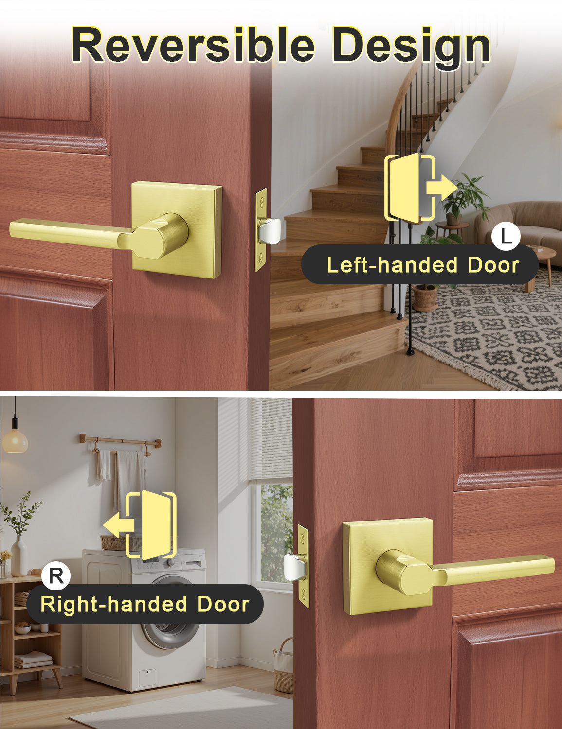 Reversible brushed gold passage door lever for left and right handed doors