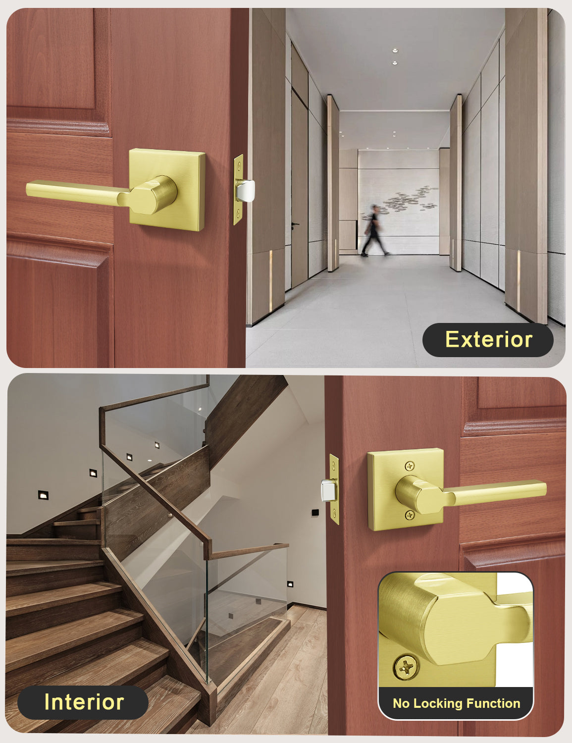 Square passage door lever interior and exterior door view