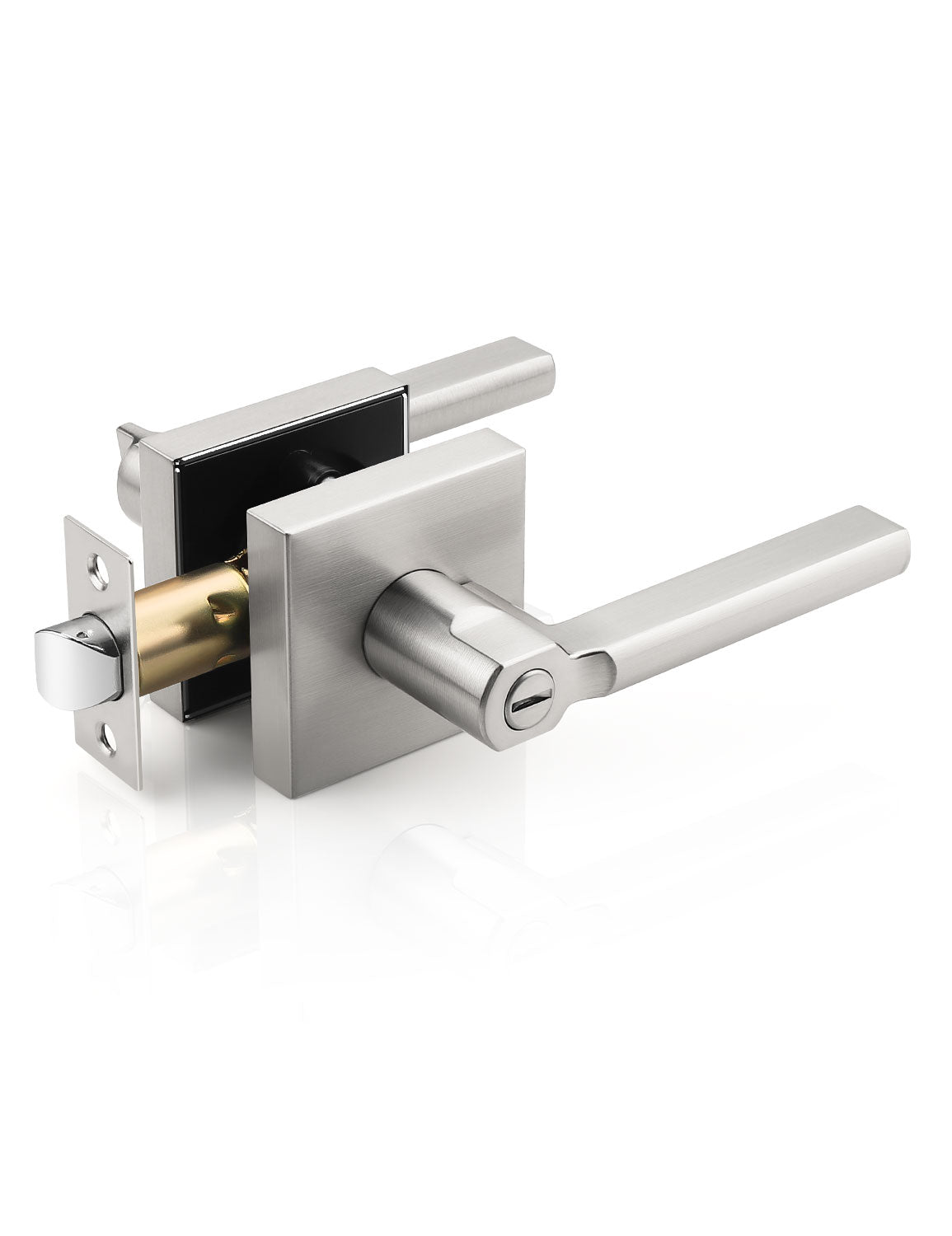 Brushed nickel square privacy door lever, modern locking handle for bedroom and bathroom doors