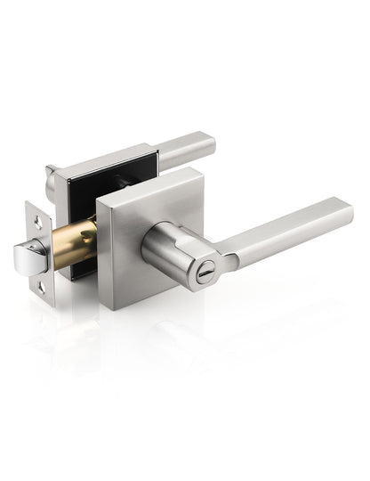 Brushed nickel square privacy door lever, modern locking handle for bedroom and bathroom doors