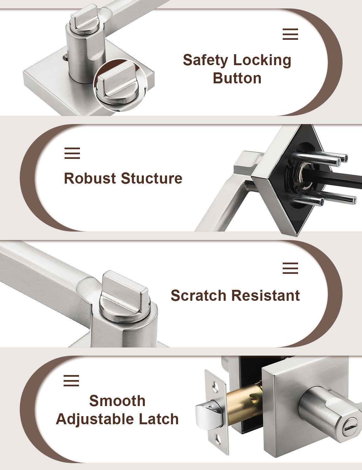 Heavy-duty brushed nickel privacy door handle with solid metal construction
