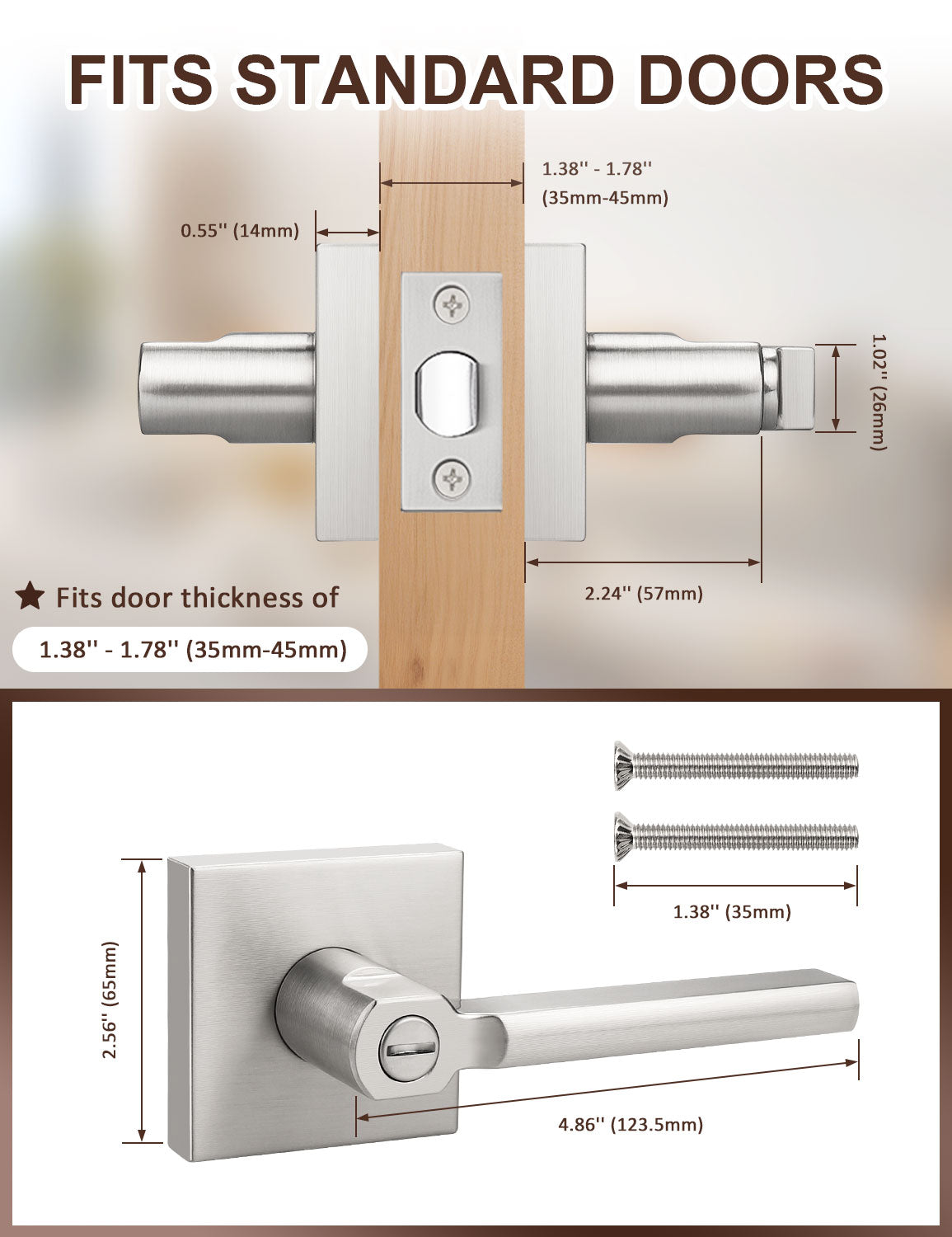 Square privacy door lever fits standard US interior doors