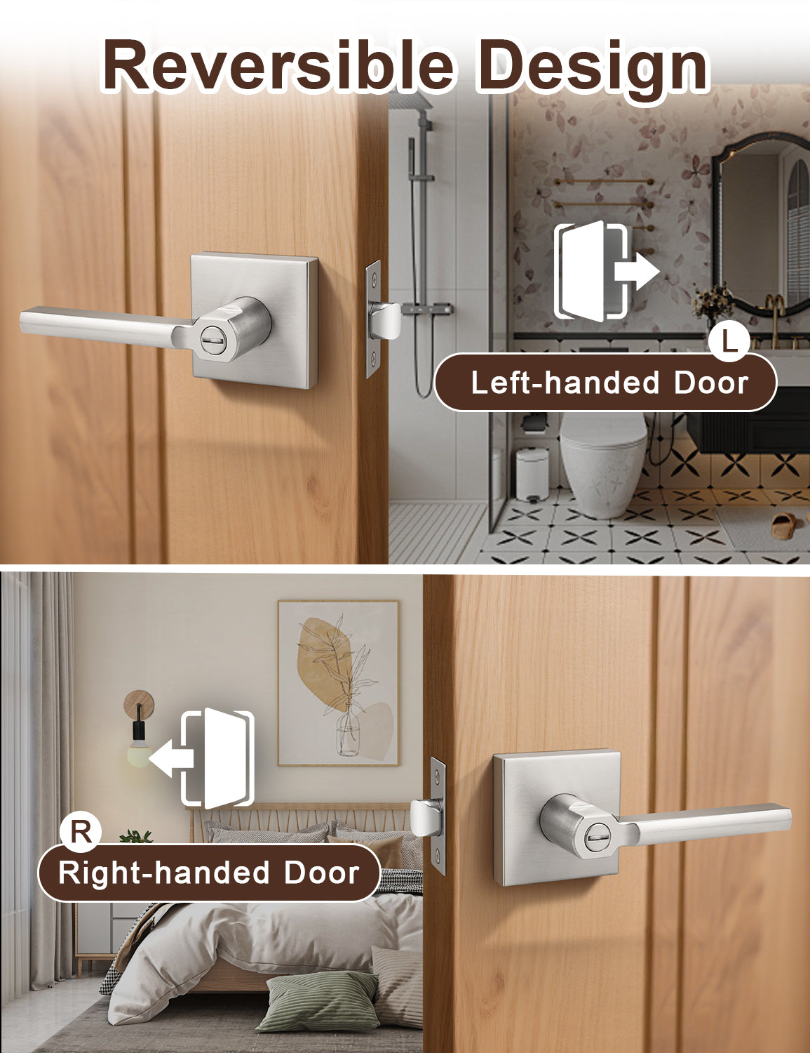 Reversible brushed nickel privacy door lever for left and right handed doors