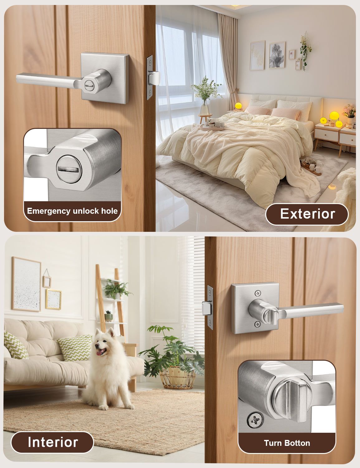Square privacy door lever interior and exterior door view