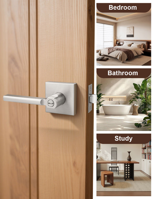 Brushed nickel privacy door lever for bedroom and bathroom doors