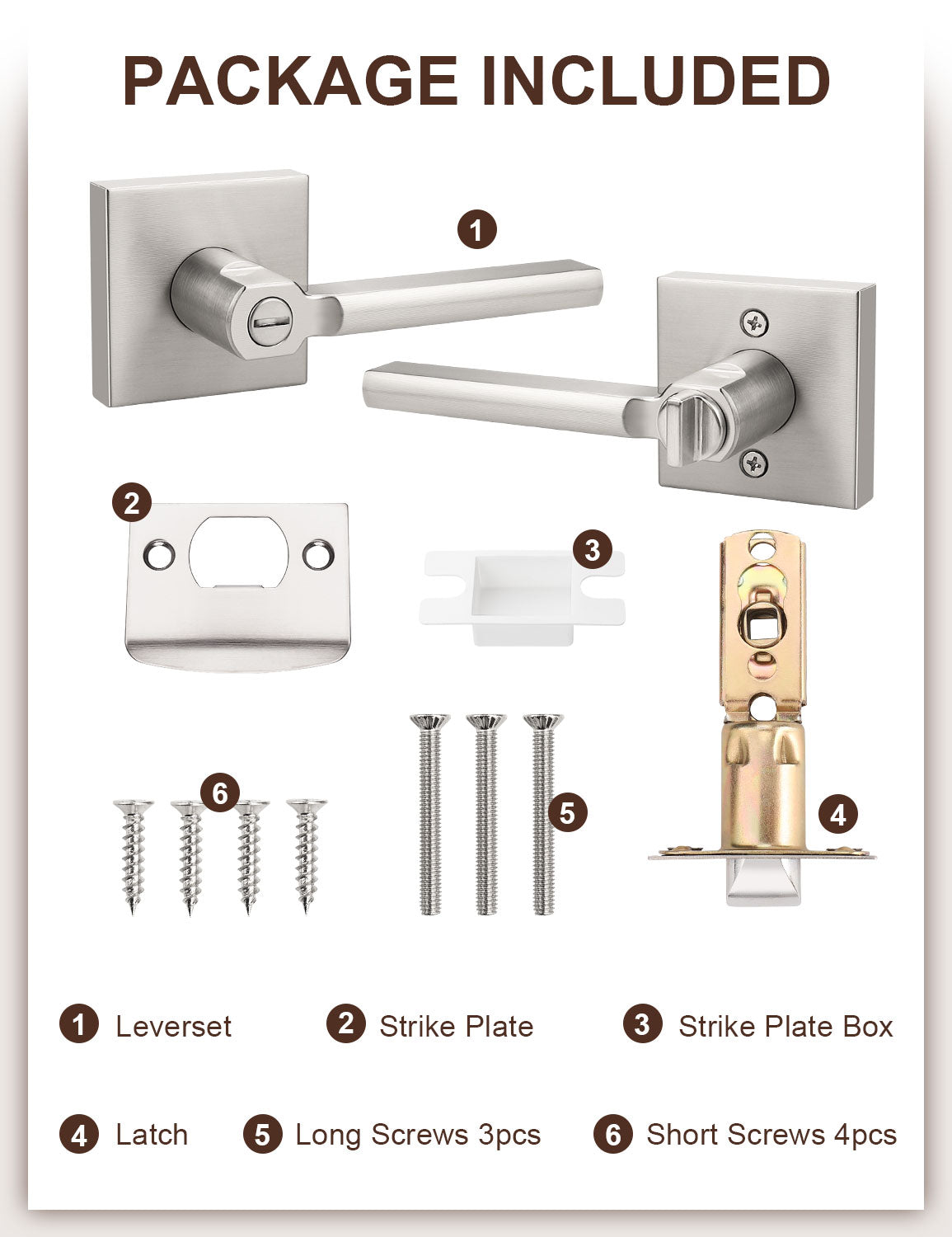 Brushed nickel privacy door lever set with handles, latch, screws, and instructions