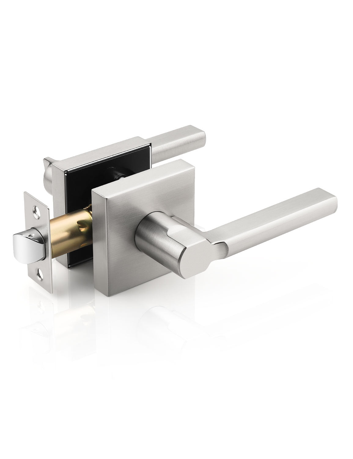 Brushed nickel square passage door lever, modern non-locking handle for interior doors
