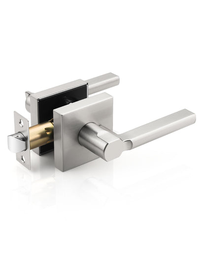 Brushed nickel square passage door lever, modern non-locking handle for interior doors