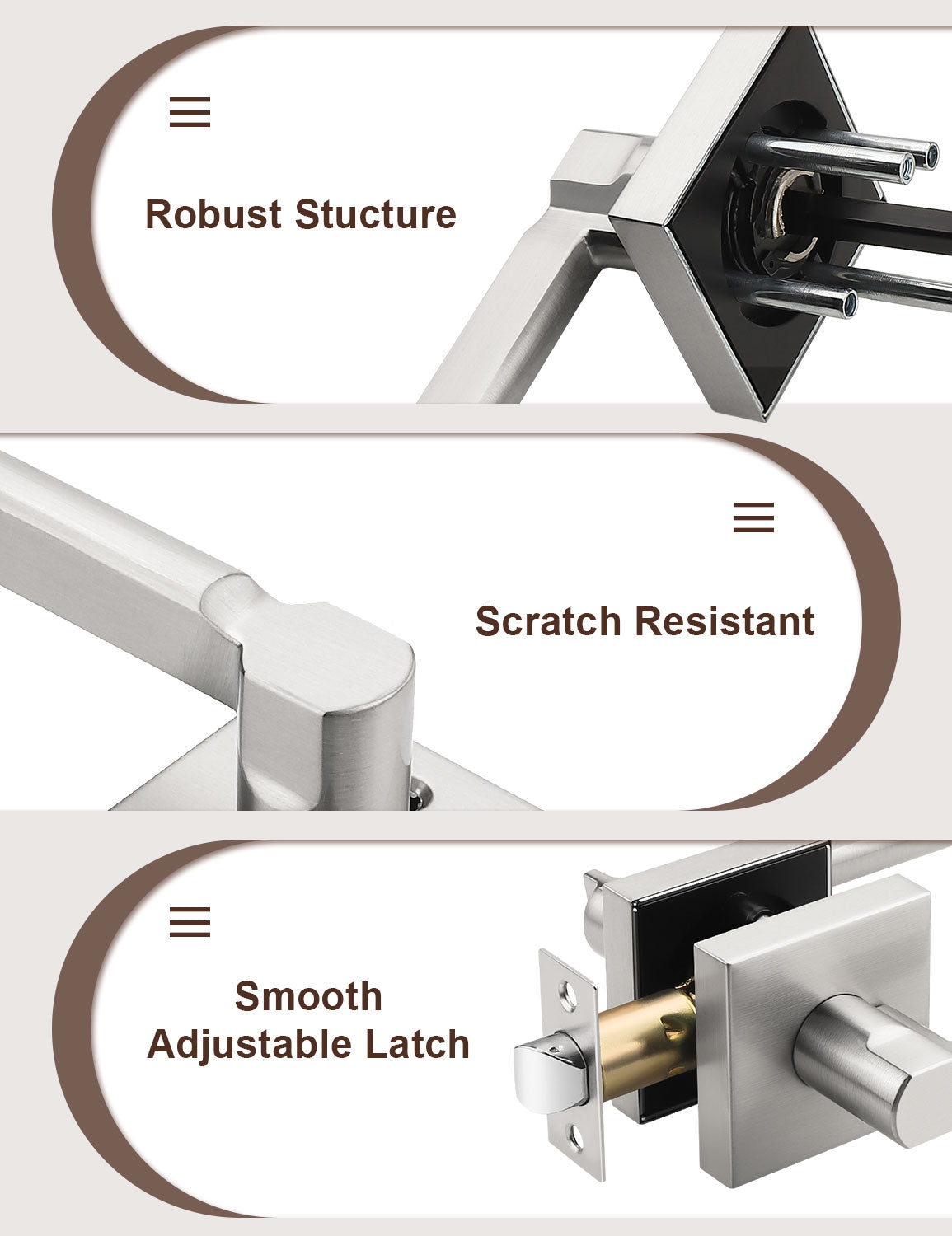 Heavy-duty brushed nickel passage door handle with solid metal construction