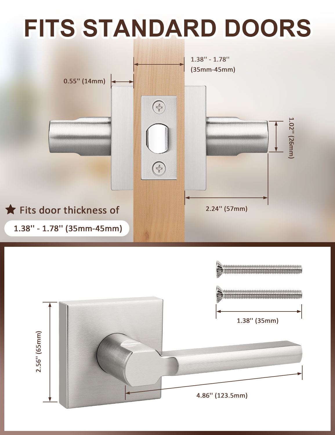 Square passage door lever fits standard US interior doors
