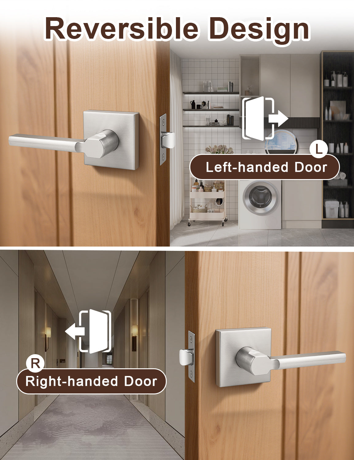 Reversible brushed nickel passage door lever for left and right handed doors