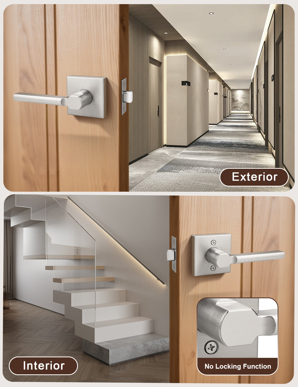 Square passage door lever interior and exterior door view