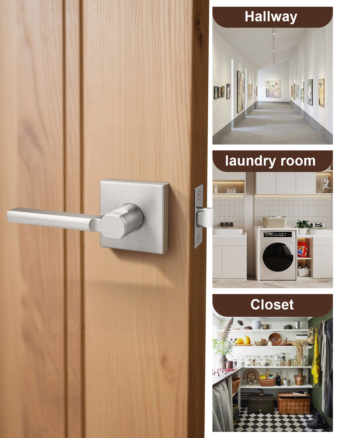 Brushed nickel passage door lever for hallway and closet doors