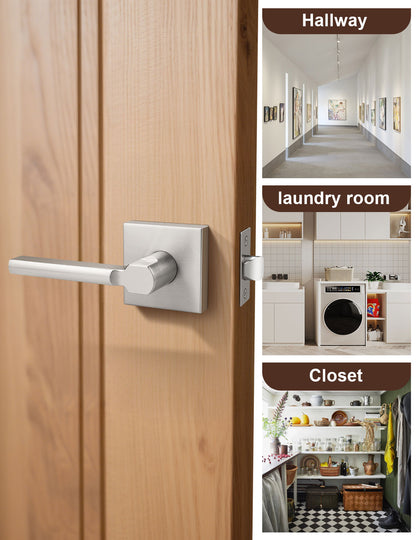 Brushed nickel passage door lever for hallway and closet doors
