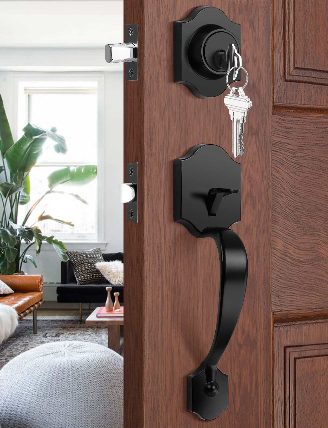 Front Door Handle and Deadbolt Set, Black Front Door Lock Set with Reversible Handle Lever, Entry Door Locksets with Deadbolt Single Cylinder, Reversible Handlesets - Tinewa