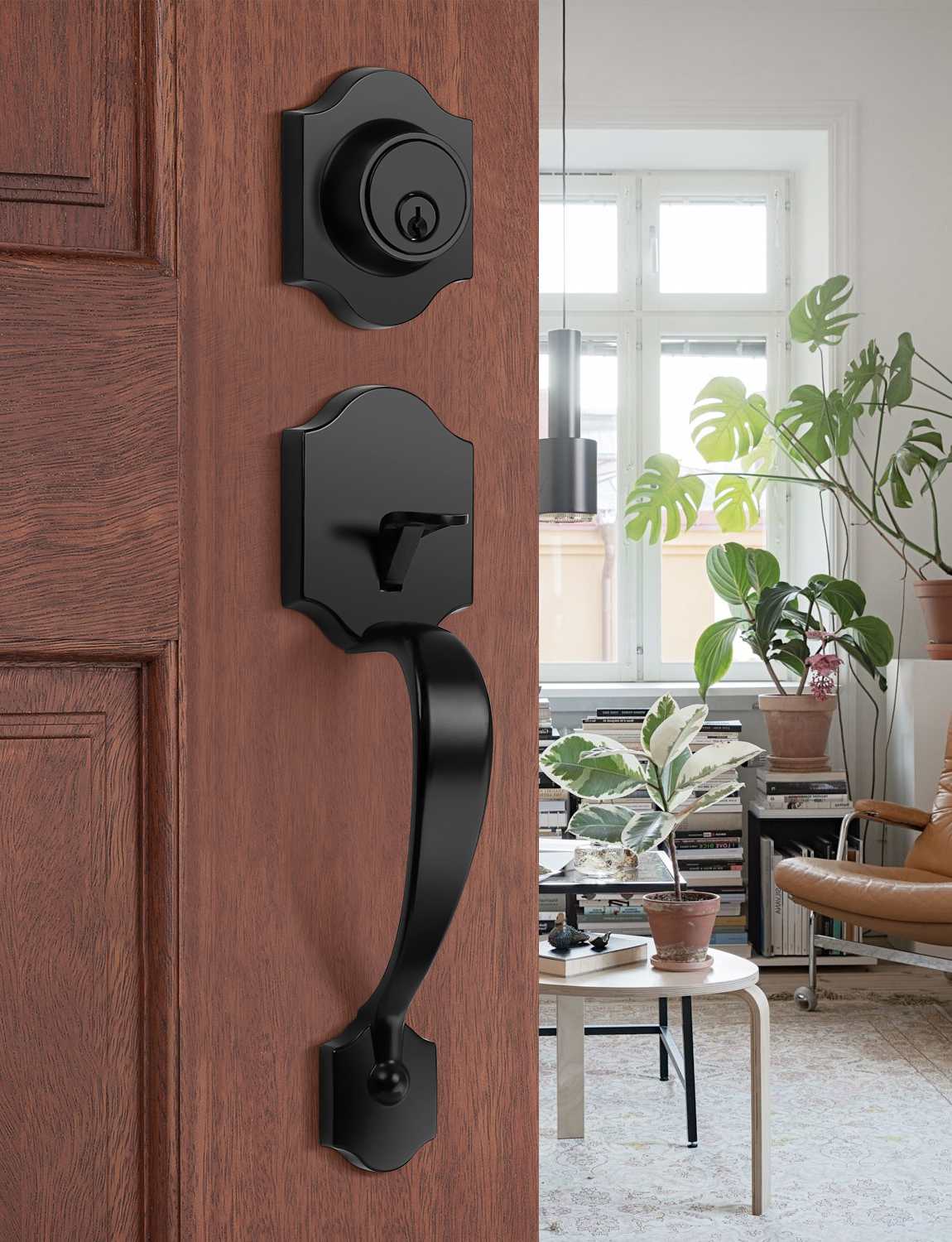 Front Door Handle and Deadbolt Set, Black Front Door Lock Set with Reversible Handle Lever, Entry Door Locksets with Deadbolt Single Cylinder, Reversible Handlesets - Tinewa