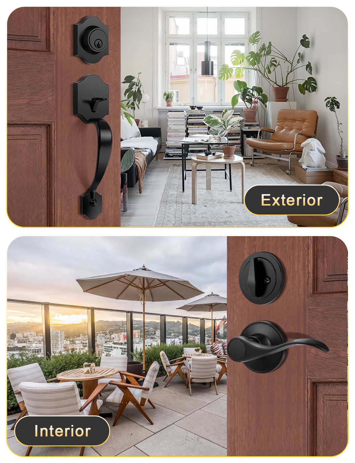 Front Door Handle and Deadbolt Set, Black Front Door Lock Set with Reversible Handle Lever, Entry Door Locksets with Deadbolt Single Cylinder, Reversible Handlesets - Tinewa