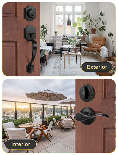 Front Door Handle and Deadbolt Set, Black Front Door Lock Set with Reversible Handle Lever, Entry Door Locksets with Deadbolt Single Cylinder, Reversible Handlesets - Tinewa