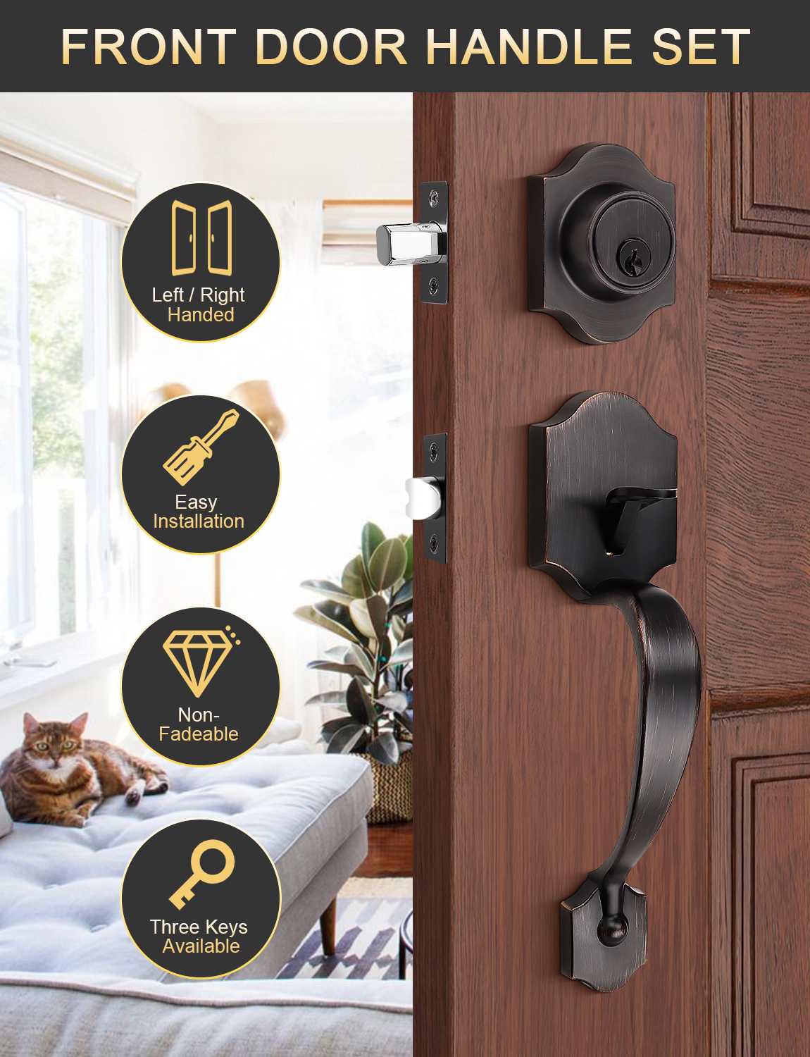 Front Door Handle and Deadbolt Set, Oil Rubbed Bronze Front Door Lock Set with Reversible Handle Lever, Entry Door Locksets with Deadbolt Single Cylinder, Reversible Handlesets - Tinewa