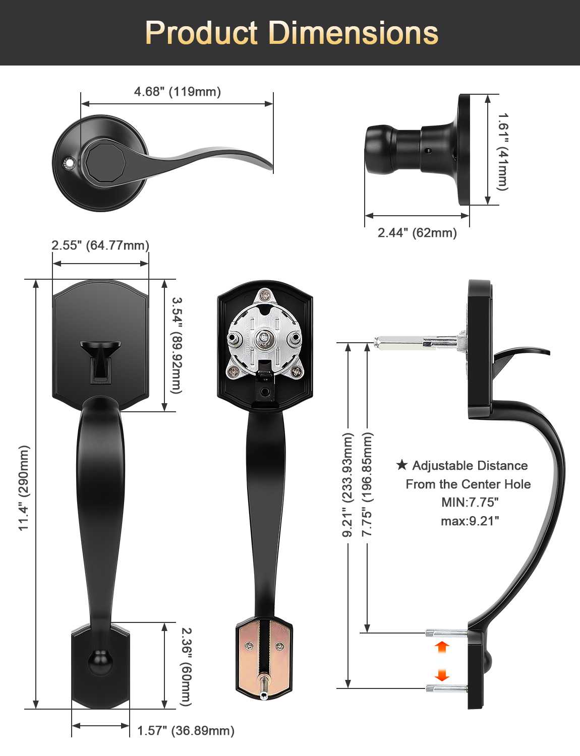 Upgraded matte black entry handle with traditional Camelot styling and durable finish