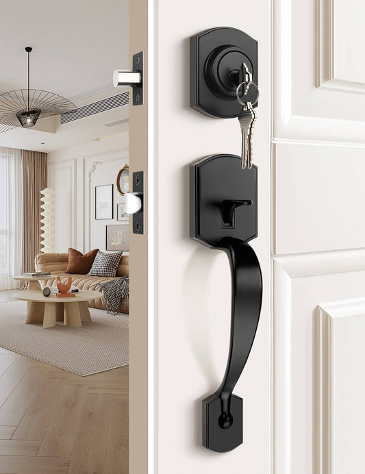 Front Door Handle and Deadbolt Set, Camelot Trim Lower Half Handleset, Matte Black Finish, Upgated Entry Door Handle with Accent Wave Door Lever with Reversible Handle Lever