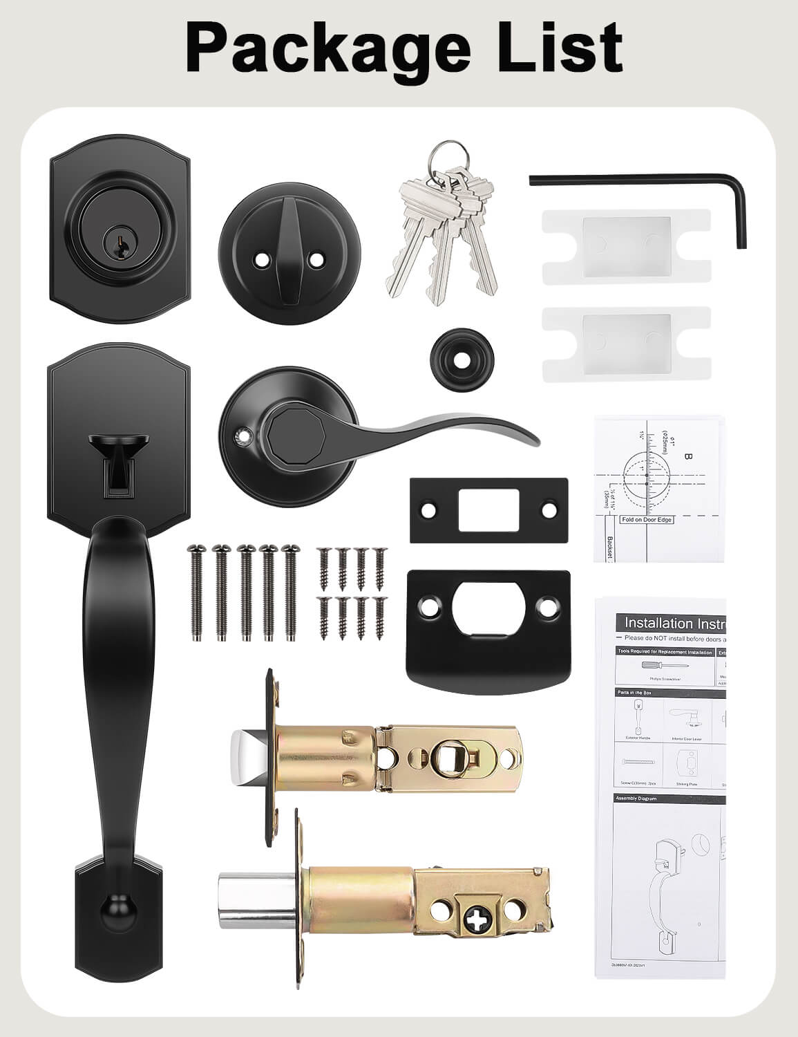 Front Door Handle and Deadbolt Set, Camelot Trim Lower Half Handleset, Matte Black Finish, Upgated Entry Door Handle with Accent Wave Door Lever with Reversible Handle Lever