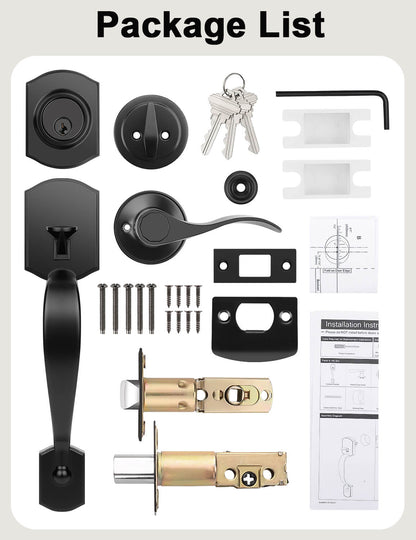Front Door Handle and Deadbolt Set, Camelot Trim Lower Half Handleset, Matte Black Finish, Upgated Entry Door Handle with Accent Wave Door Lever with Reversible Handle Lever