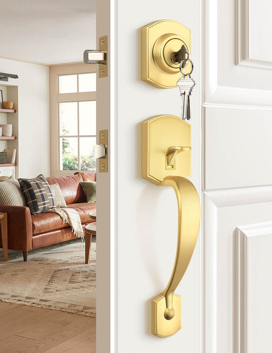 Brushed gold front door handleset with wave lever