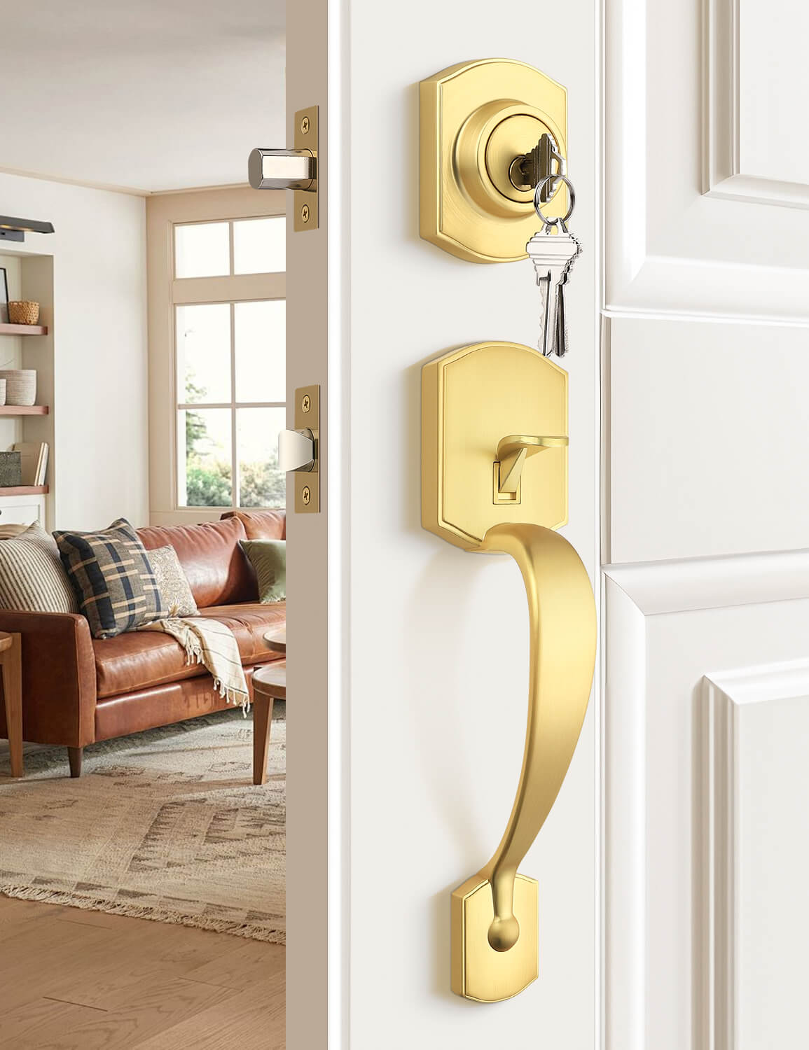 Front Door Handle and Deadbolt Set, Camelot Trim Lower Half Handleset, Brushed Gold Finish, Upgated Entry Door Handle with Accent Wave Door Lever with Reversible Handle Lever