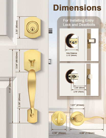 Front Door Handle and Deadbolt Set, Camelot Trim Lower Half Handleset, Brushed Gold Finish, Upgated Entry Door Handle with Accent Wave Door Lever with Reversible Handle Lever