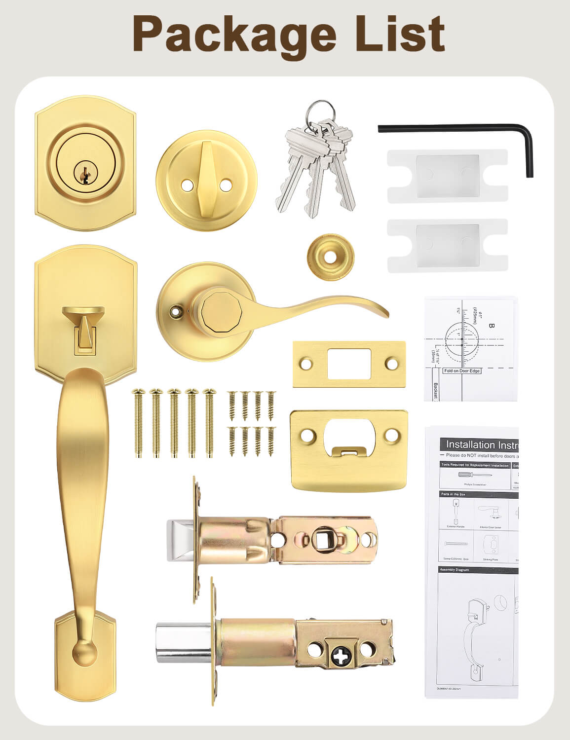 Front Door Handle and Deadbolt Set, Camelot Trim Lower Half Handleset, Brushed Gold Finish, Upgated Entry Door Handle with Accent Wave Door Lever with Reversible Handle Lever