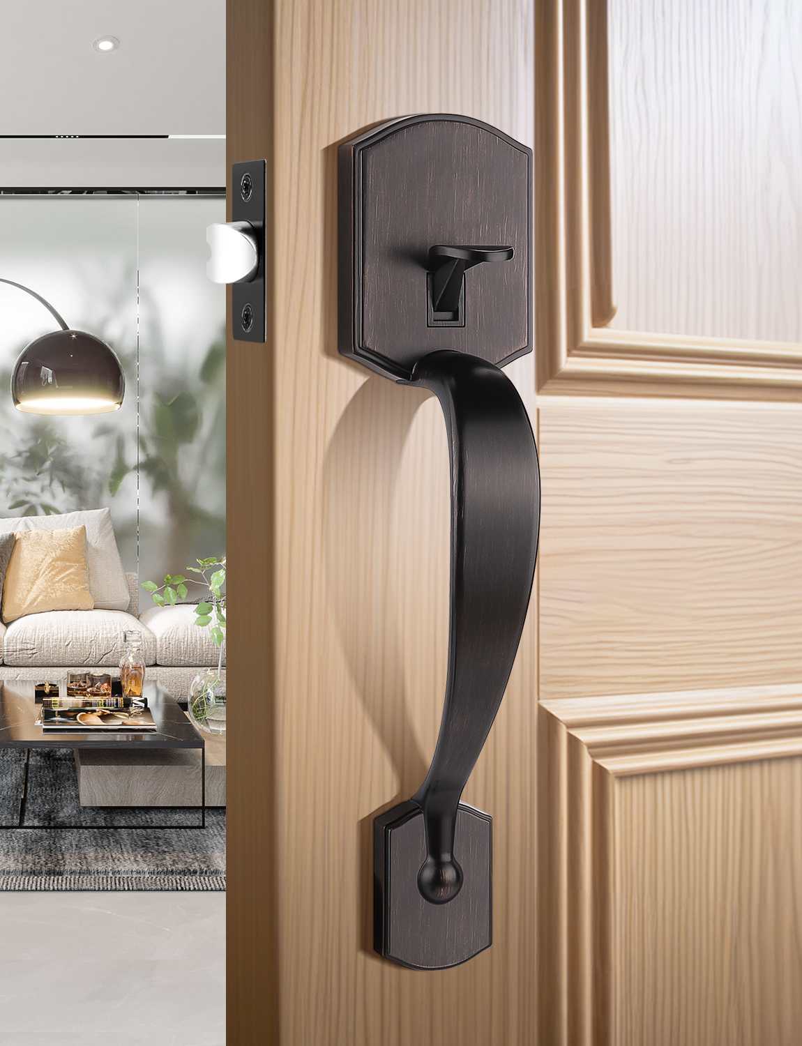 Oil-rubbed bronze front door handle with digital keypad deadbolt lock