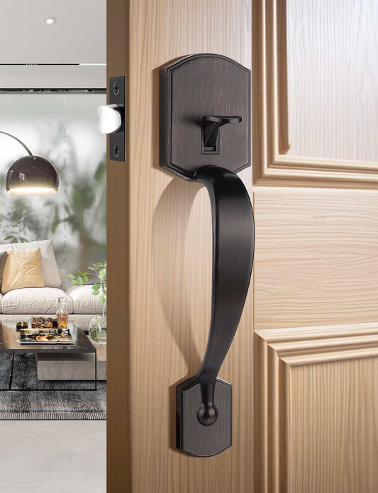 Oil-rubbed bronze front door handle with digital keypad deadbolt lock