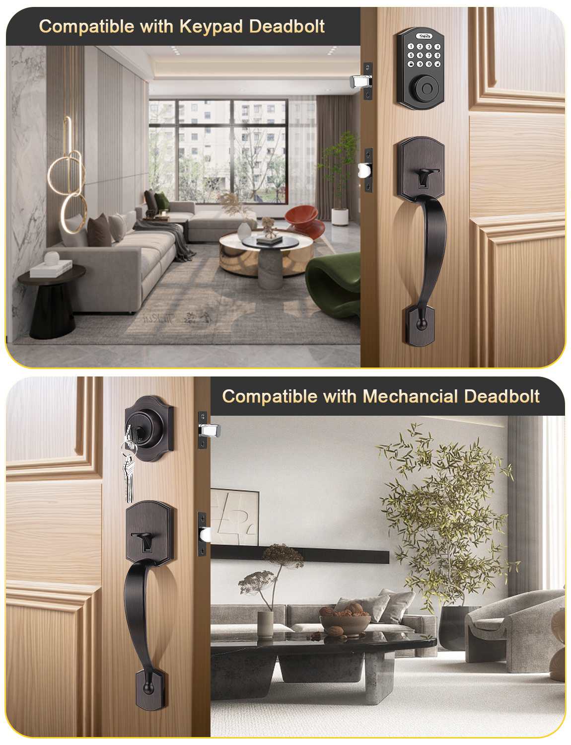 Tinewa front door lock with Camelot trim and wave lever design