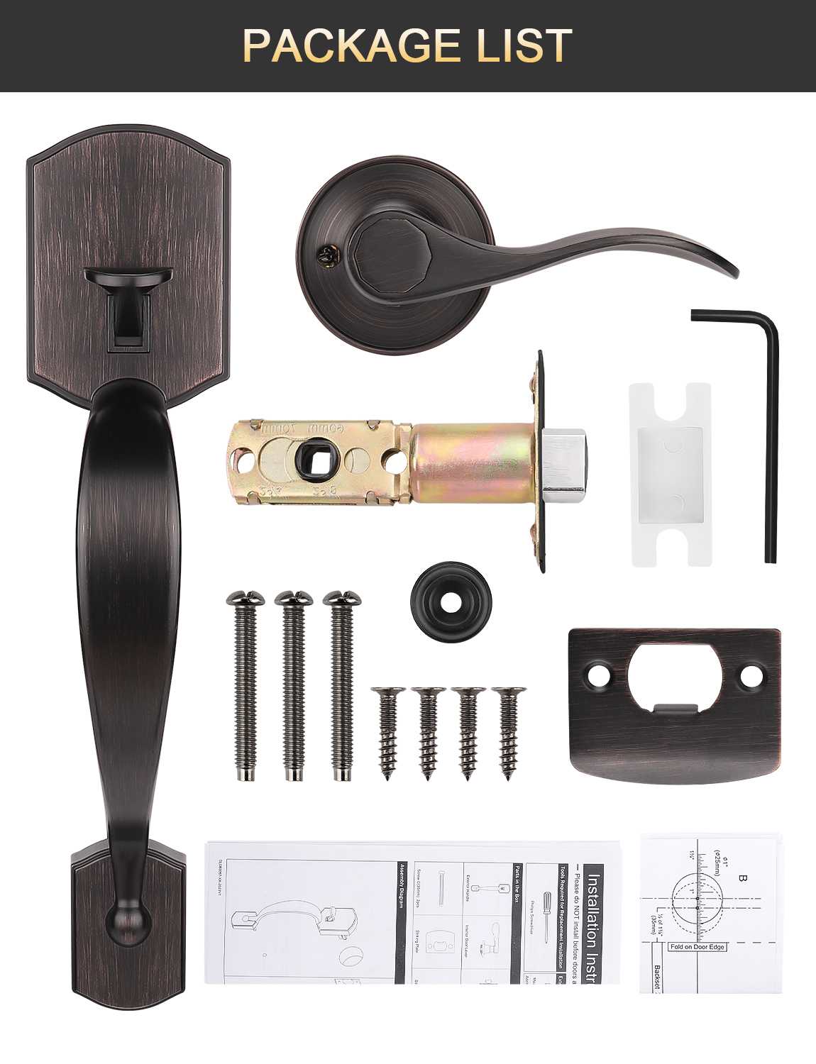 Elegant oil-rubbed bronze front door hardware set with push-button lock