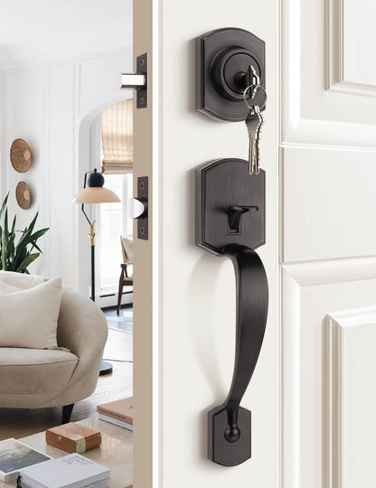 Front Door Handle and Deadbolt Set, Camelot Trim Lower Half Handleset, Oil-rubbed Bronze Finish, Upgated Entry Door Handle with Accent Wave Door Lever with Reversible Handle Lever