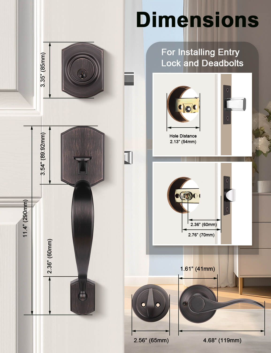 Front Door Handle and Deadbolt Set, Camelot Trim Lower Half Handleset, Oil-rubbed Bronze Finish, Upgated Entry Door Handle with Accent Wave Door Lever with Reversible Handle Lever
