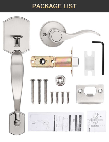Elegant front door hardware set with deadbolt and lever handle in brushed satin finish