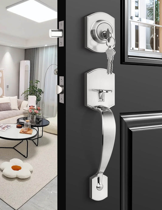 Tinewa brushed nickel front door handle and deadbolt set with wave lever