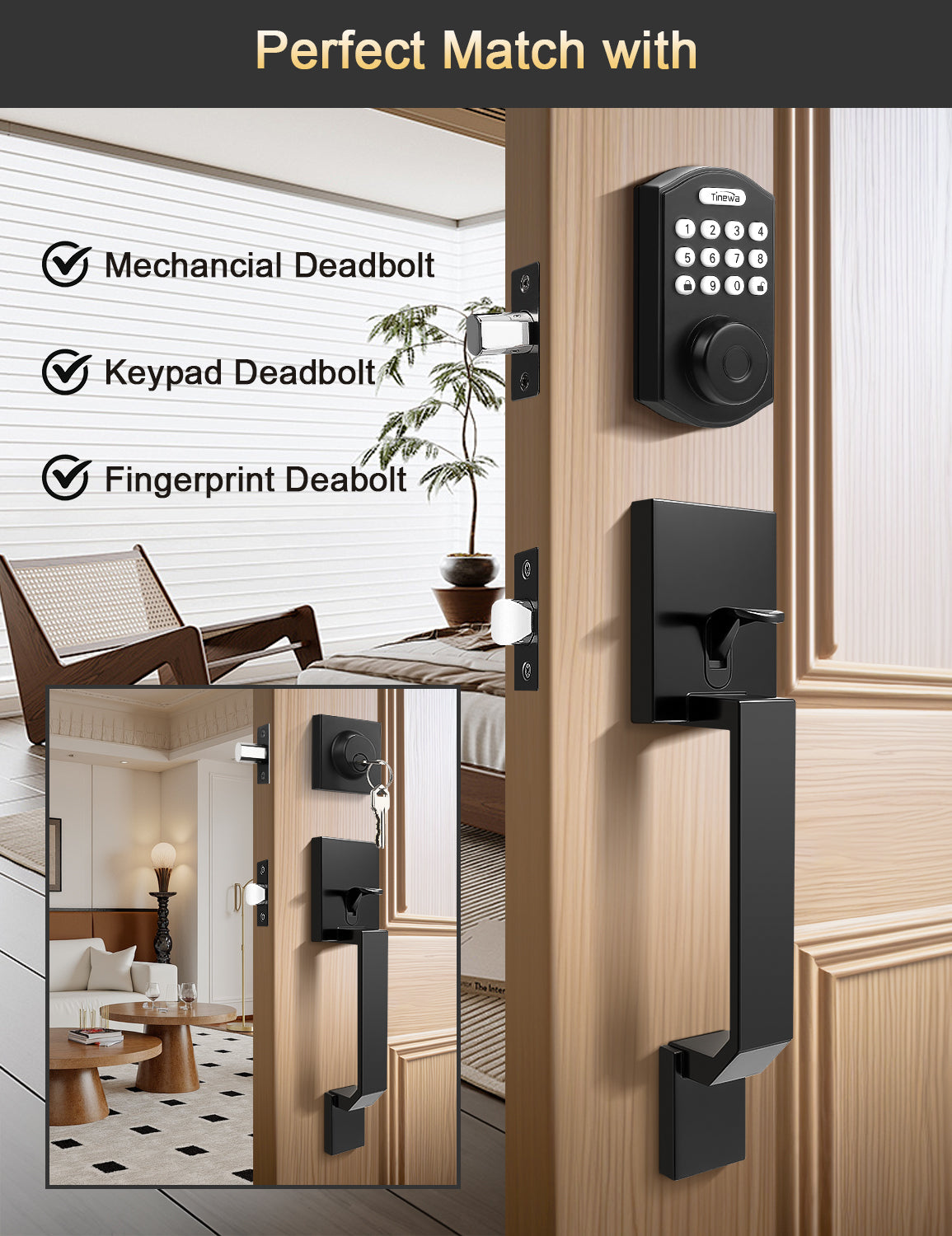 Tinewa Square Front Door Handle with Classic Door Lever, Upgrated Exterior Door Entry Handle No Lock, Reversible for Left & Right Handed  1 Pack