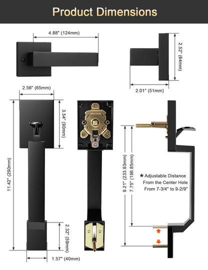 Tinewa Square Front Door Handle with Classic Door Lever, Upgrated Exterior Door Entry Handle No Lock, Reversible for Left & Right Handed  1 Pack