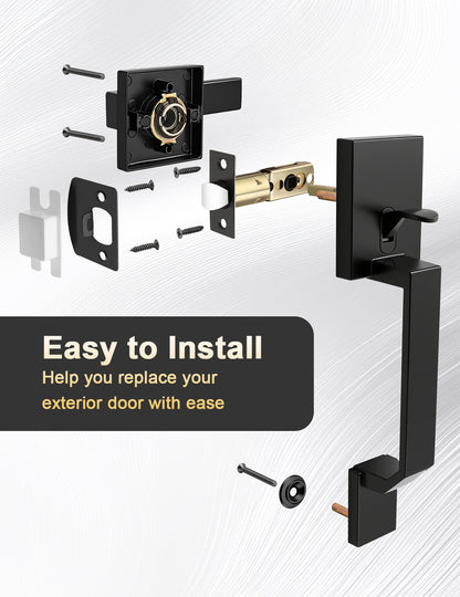Tinewa Square Front Door Handle with Classic Door Lever, Upgrated Exterior Door Entry Handle No Lock, Reversible for Left & Right Handed  1 Pack
