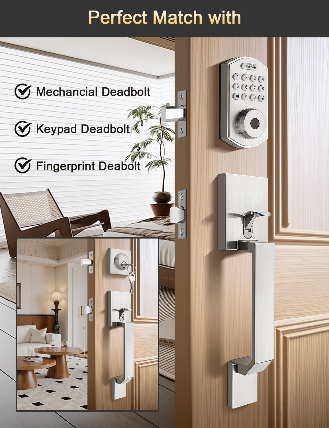 Tinewa Square Front Door Handle with Classic Door Lever, Upgrated Exterior Door Entry Handle No Lock, Reversible for Left & Right Handed  1 Pack