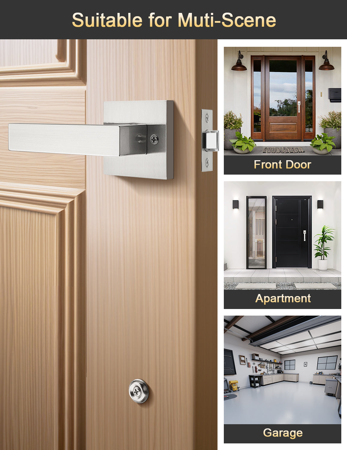Tinewa Square Front Door Handle with Classic Door Lever, Upgrated Exterior Door Entry Handle No Lock, Reversible for Left & Right Handed  1 Pack