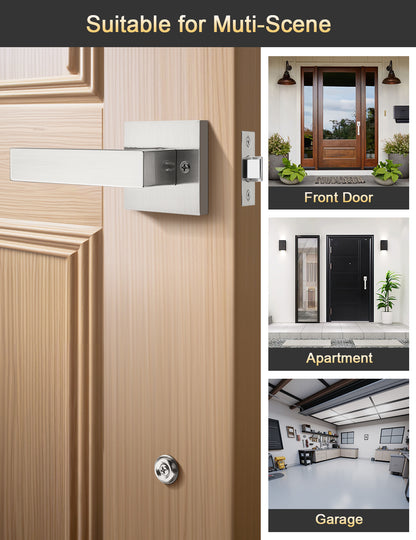 Tinewa Square Front Door Handle with Classic Door Lever, Upgrated Exterior Door Entry Handle No Lock, Reversible for Left & Right Handed  1 Pack