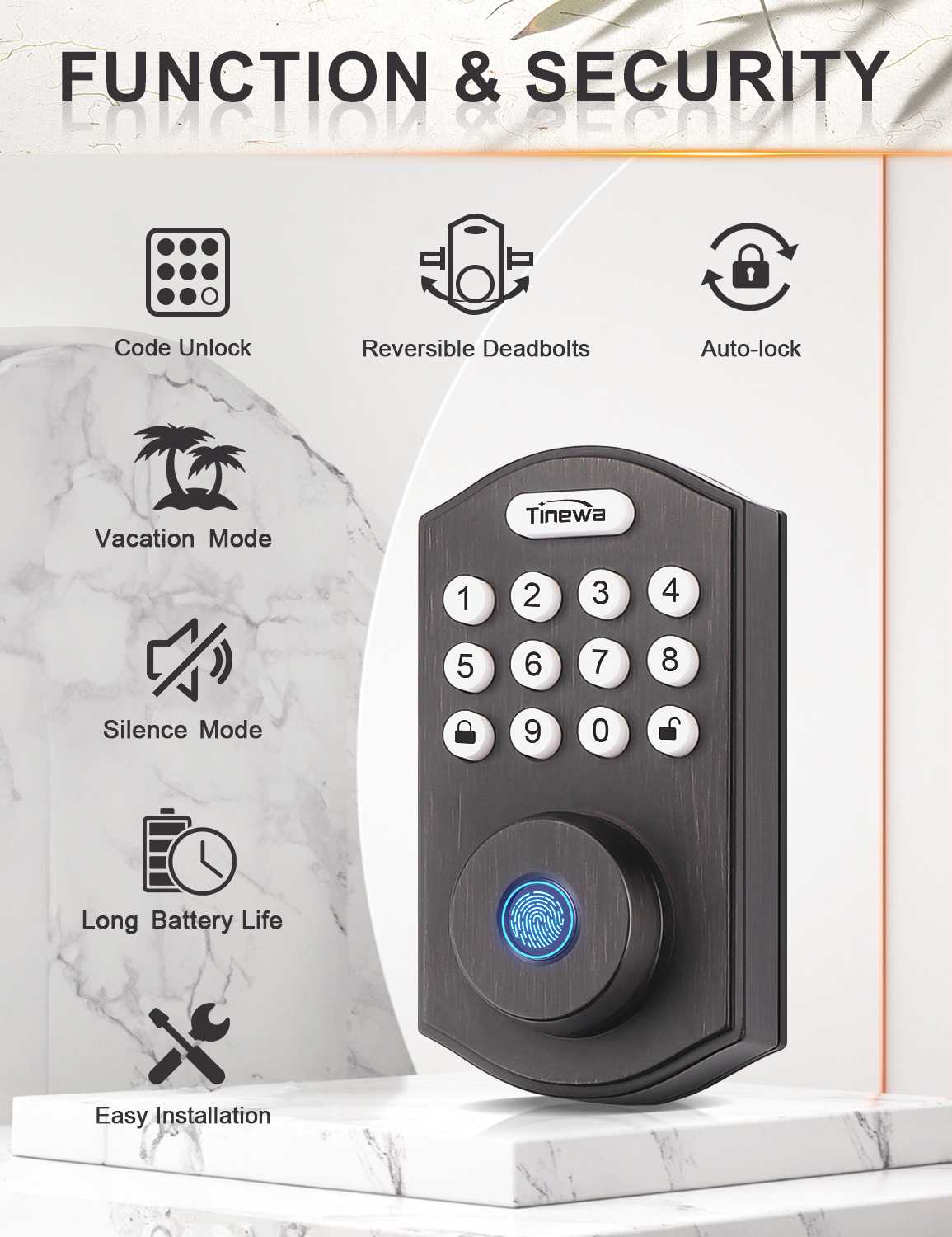 Classic oil-rubbed bronze finish with modern square lever and keypad styling