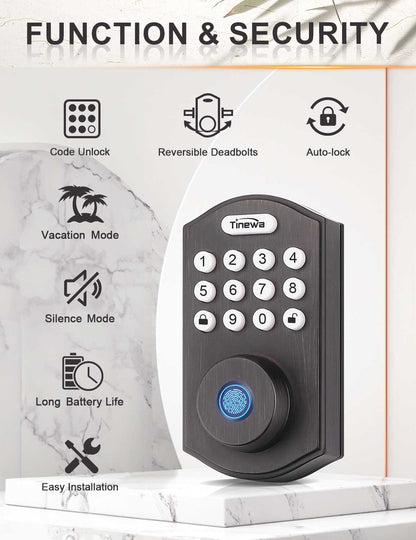 Classic oil-rubbed bronze finish with modern square lever and keypad styling